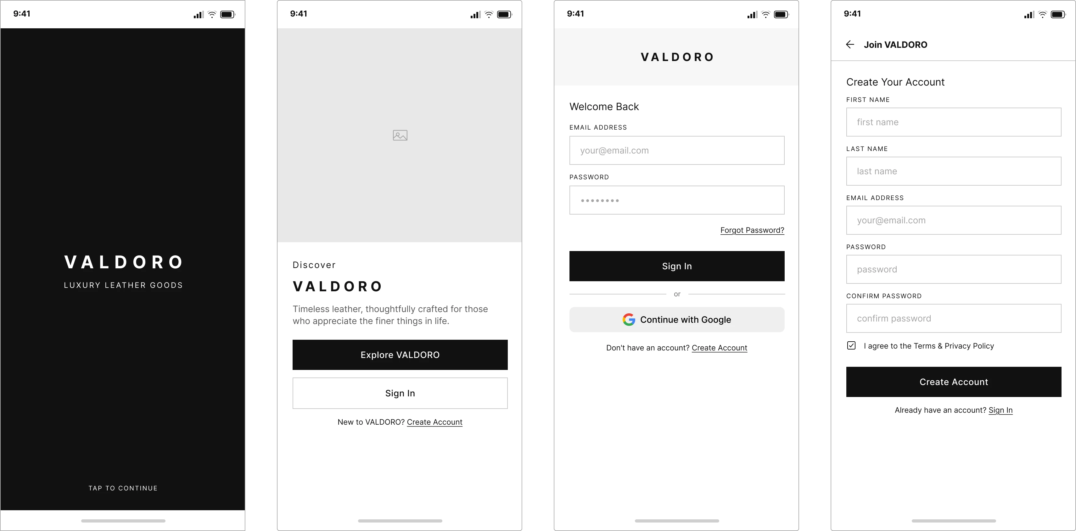 Valdoro wireframe screen 1